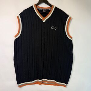 Vintage FUBU Sports Navy Blue Cable Knit Sweater Vest Orange, SIZE XL 90s HipHop